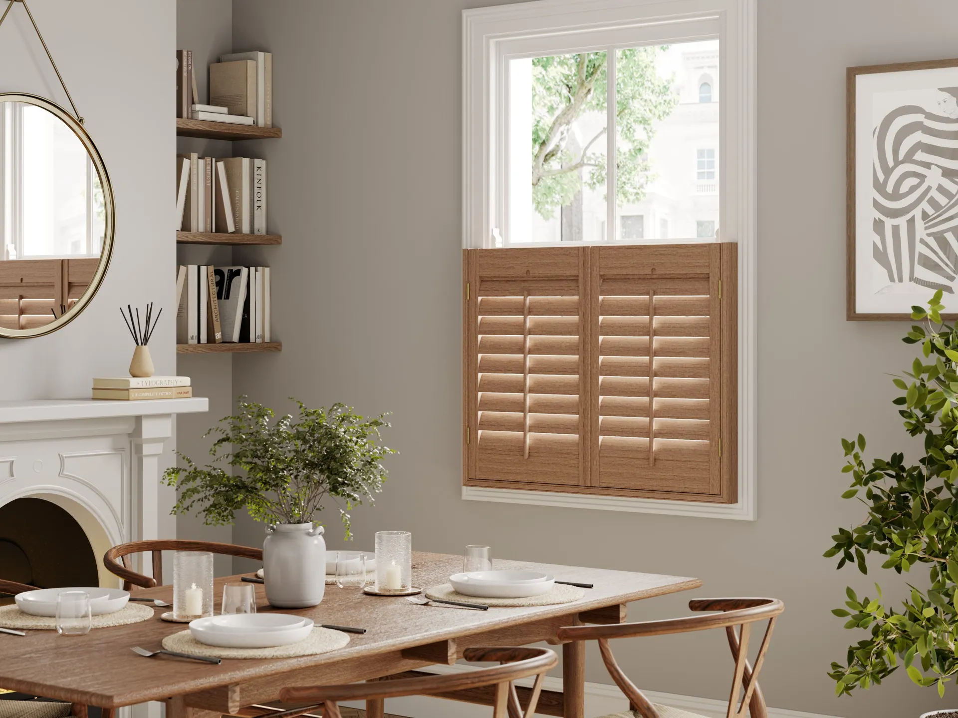 A modern neutral dining room with Honey Stained cafe style wooden shutters