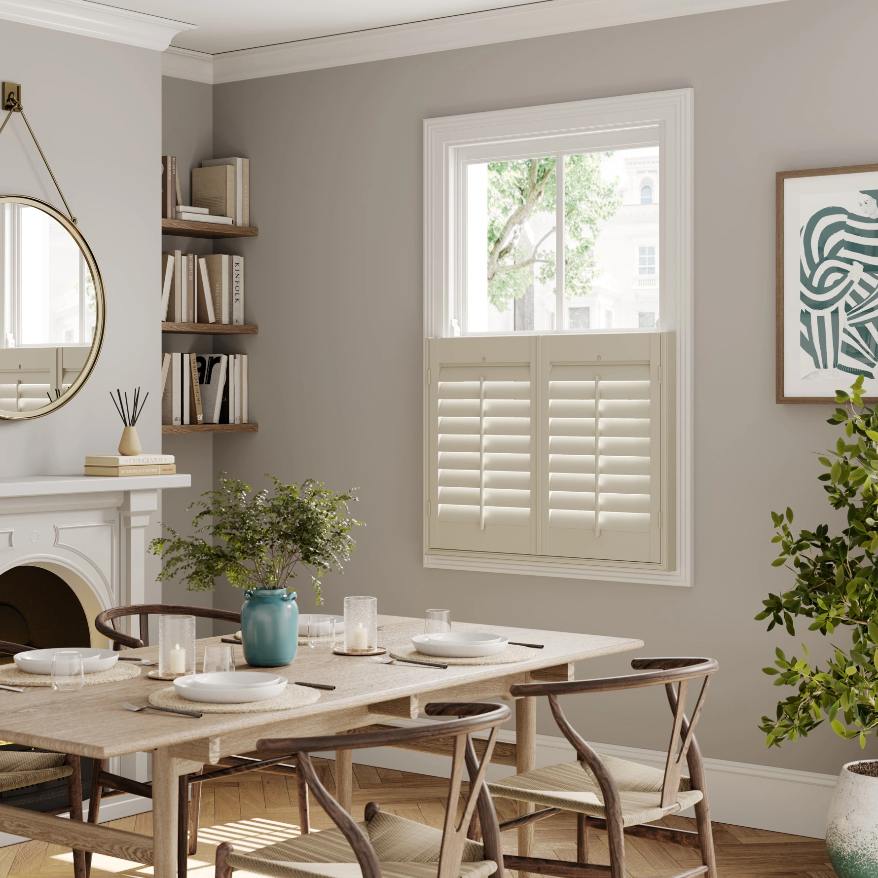 A modern neutral dining room with Cream cafe style wooden shutters
